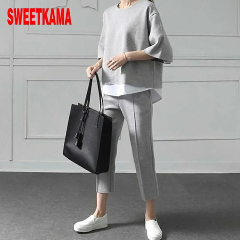 SweetKama Höst Casual O-nacke Fake 2 Pieces Top 3/4-Length Byxor Tvådelade uppsättningar Lösa splittringar Ärms bomullspassar Y0625