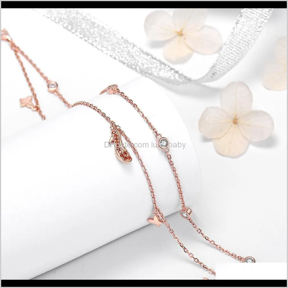 925 sterling silver anklet rose gold butterfly high heels footchain sweet double-layer for women mother fashion jewelry gifts f1219