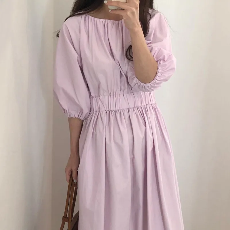 Verano Corea Chic Casual moda cuello redondo Color sólido pliegues cinco puntos Puff manga vestido mujer rosa bata 16W1062 210510