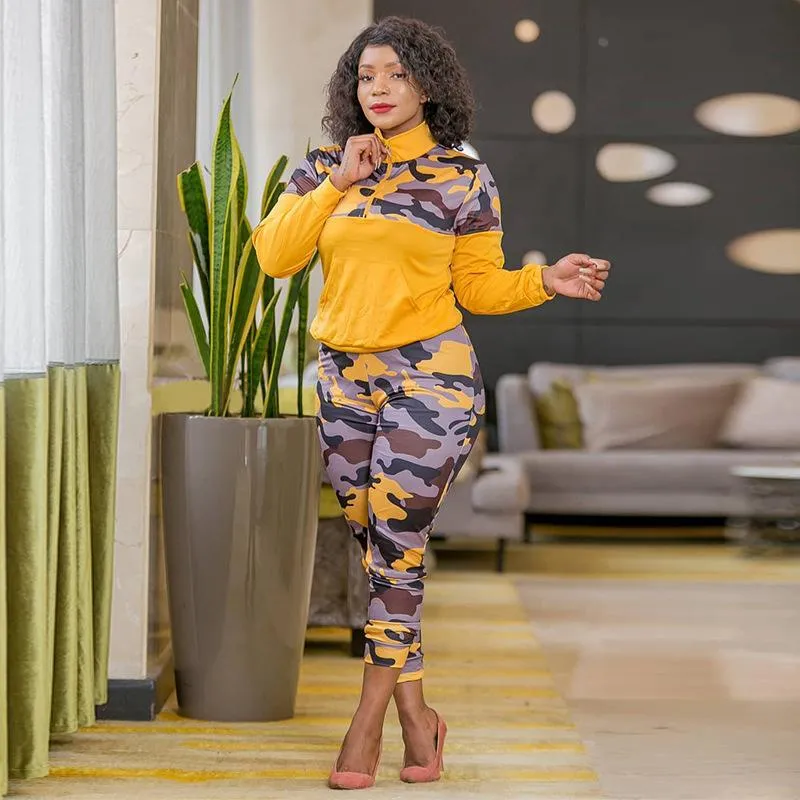 Plus Size 2 Piece Set Women Camouflage Print Outfits Fall 2021 Sweat Suits Matching Sets Yellow Red Blue Tracksuit Women's Tracksuits