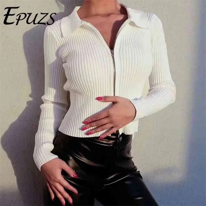 Sexy zipper cropped cardigan women long sleeve Black Streetwear Button Ribbed knitted sweater winter clothes 210521