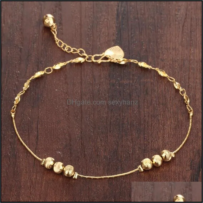 Anklets Lucky Beads Anklet Bracelet For Girls/women Yellow Gold Filled Heart Shaped Bell Foot Chain Fine Jewelry