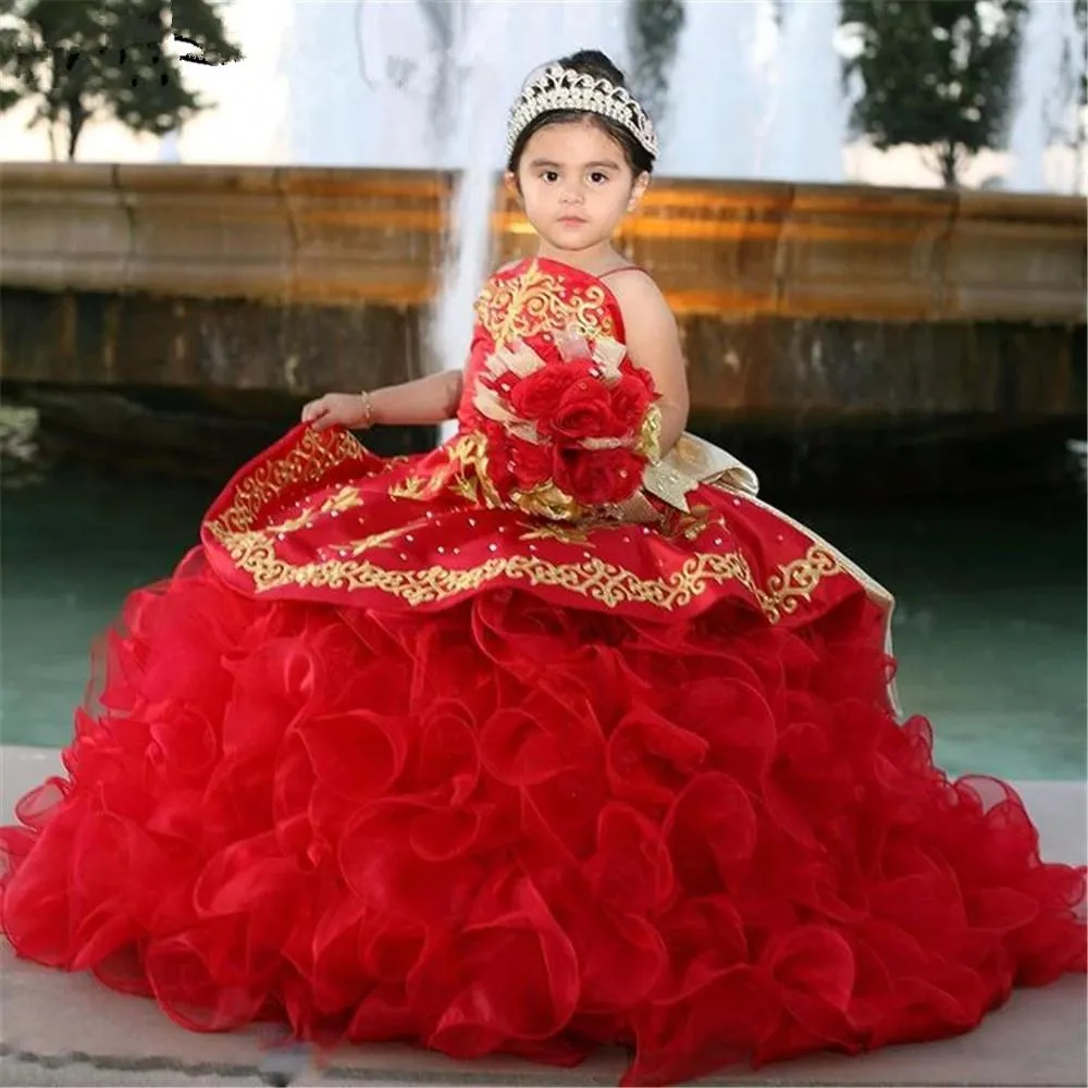 Gorgeous Red Girls Pagews Sukienki Ruffles Appliqued Flower Girl Sukienka Dla Wesela Dzieci Księżniczka Urodziny Balowe Suknie