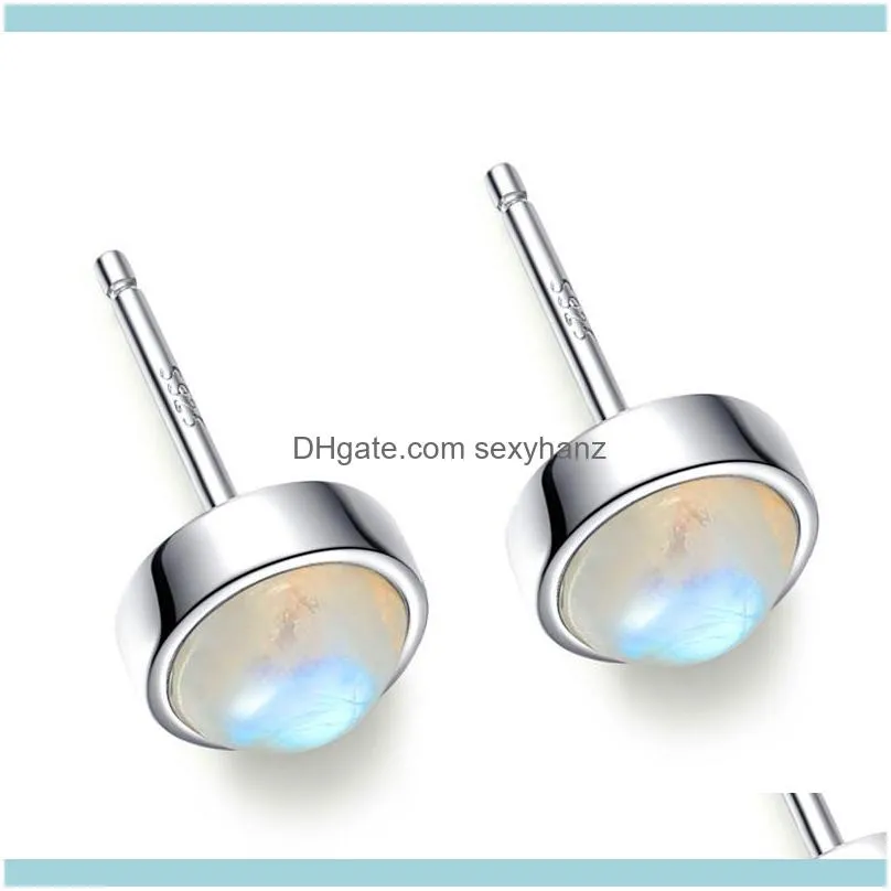 Luxury Female White Round Natural Gems Earrings Real 925 Sterling Silver for Women Cute Moonstone Small Stud