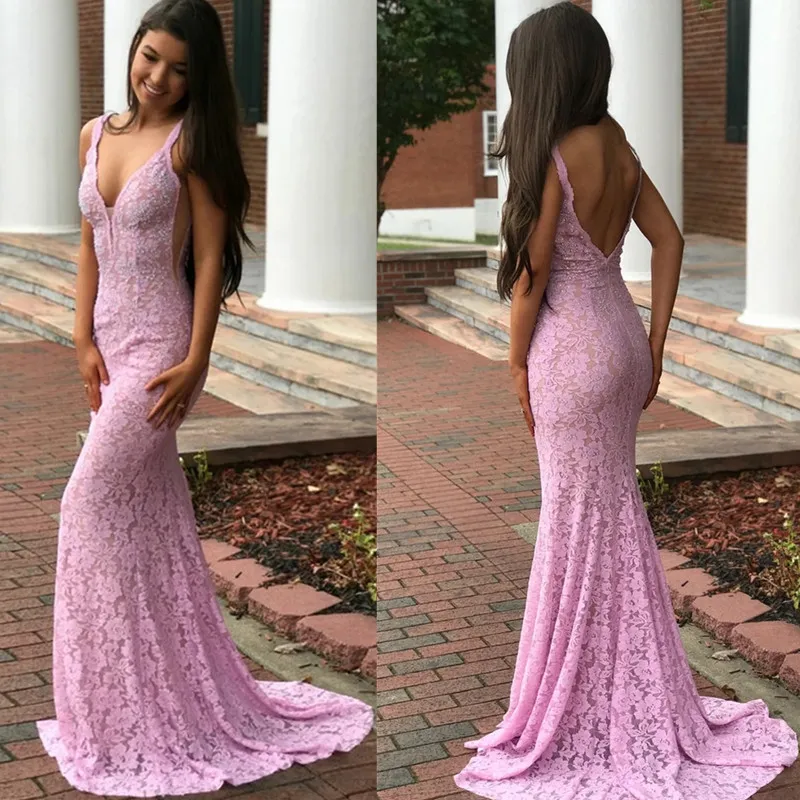 Pink 2022 Long Mermaid Sexy Backless Prom Dresses with V Neck Full Lace Dress Party Gowns