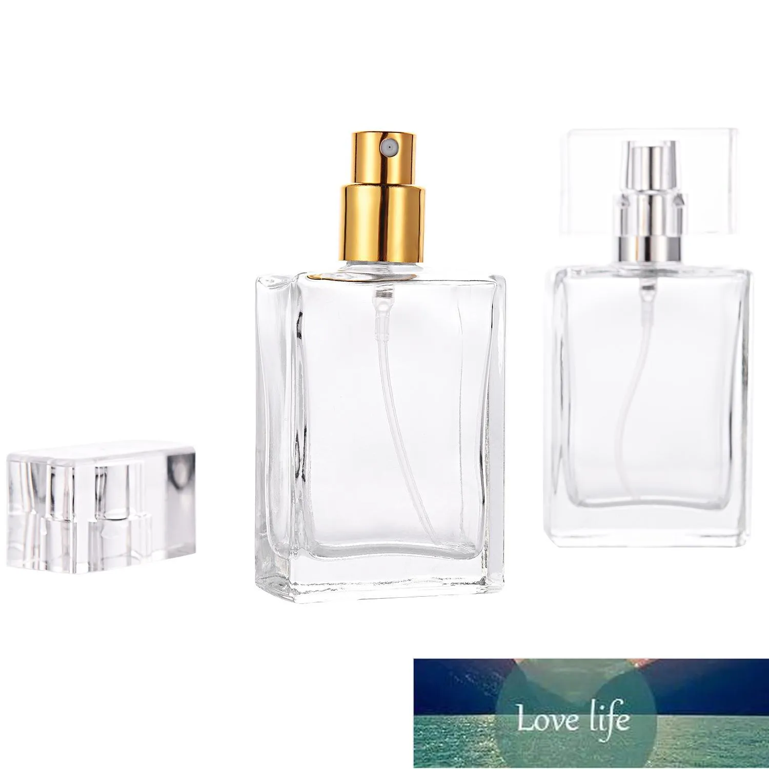 50ml High-End Draagbare Transparante Glas Parfum Fles met Goud en Sliver Caps Lege Fles Transparante Vierkante Spray Flessen V3 Fabriek Prijs Design Design