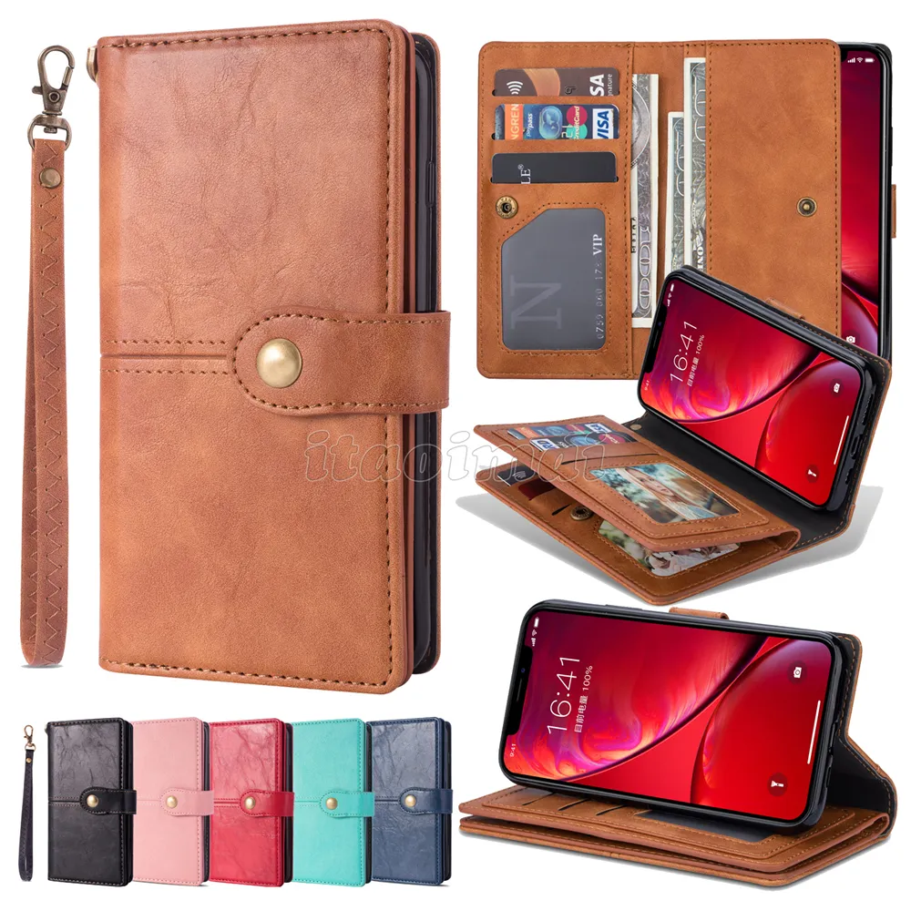 Wallet Phone Cases for iPhone 14 13 12 11 Pro Max XR XS X 7 8 Plus - Multifunction Retro PU Leather Flip Kickstand Cover Case with 9 Card Slots