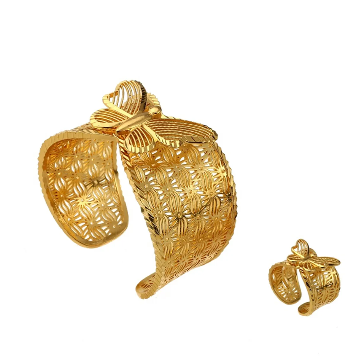 Borboleta Saudi Arábia Jóias Conjuntos Para As Mulheres 24K Gold Hyperbole Africano India Bracelete Bangle Ring Dubai Nupcial Presentes De Casamento
