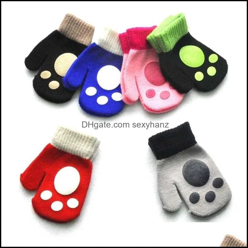 Knitted Winter Glovers 1-4 Year Kids Toddler Baby Knite Cartoon Mittens Boys Girls Contrast Color Knit Footprints Sports Skiing