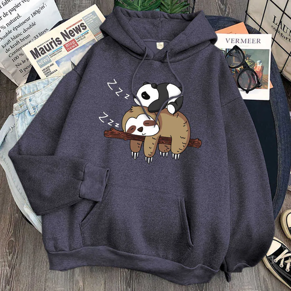 Sleep Sloth and Panda Print Man Sweatshirt Pocket Loose Fleece Hoody Streetwear Male Vintage Cartoons Hoody Punk Anime Hoodies H0909