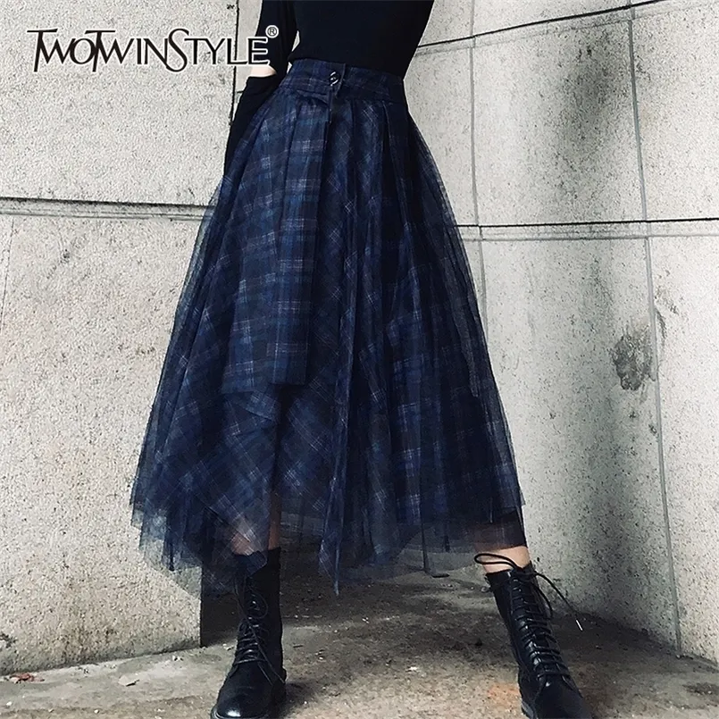 TWOTWINSTYLE Plaid Patchwork Mesh Women's Skirts High Waist Hit Color Elegant A Line Female Spring Fashion 220221