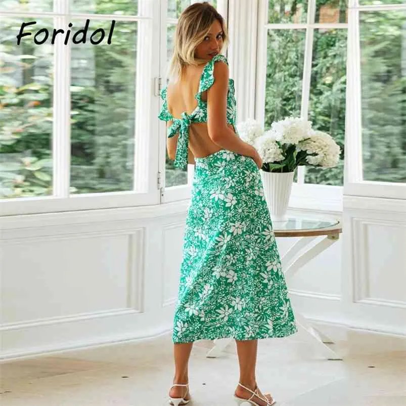 Bownot Backless Women Boho Beach Klänning Sommar Folkale Casual Green Maxi Long Sundress Vestidos Mujer 210427