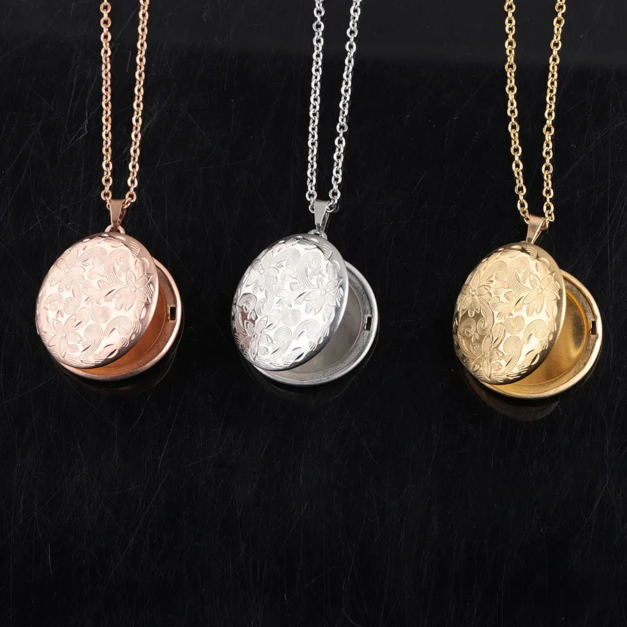 Vintage Engraved Flowers Round Necklace 3 Color Stainless Steel DIY Picture Frame Photo Locket Pendant Necklaces for Women Fashion Jewelry