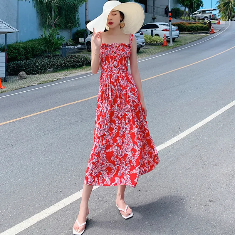 Mulheres Chiffon Dress Verão Feminino Vintage Elastic Spaghetti Strap Sem Mangas Beachy Bohemian Beach Maxi Sundress 210423