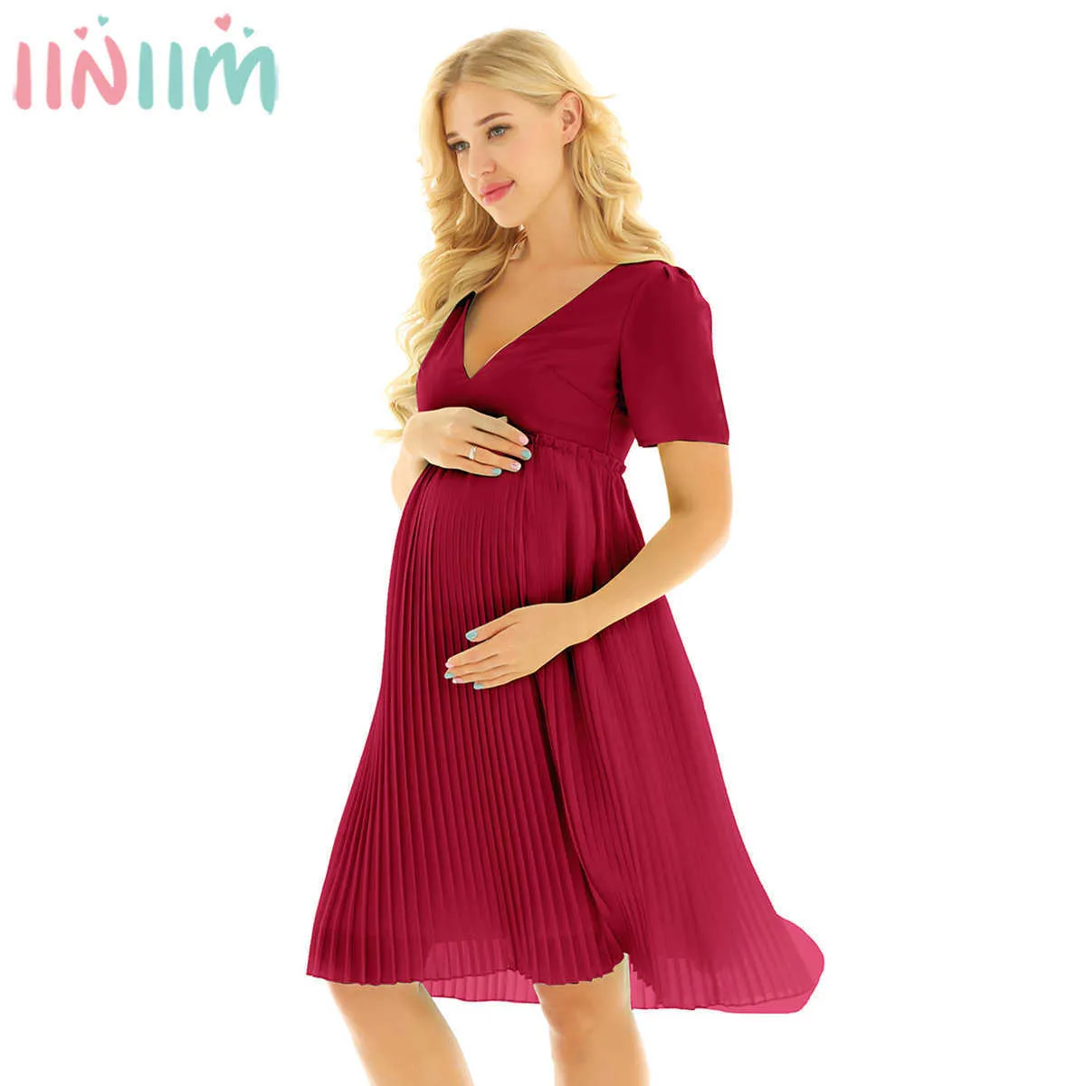 Iiniim Femmes Mode Été Photographie Robe élégante en mousseline de soie Boohoo Robe midi plissée Cocktail Robe de soirée de mariage Q0713