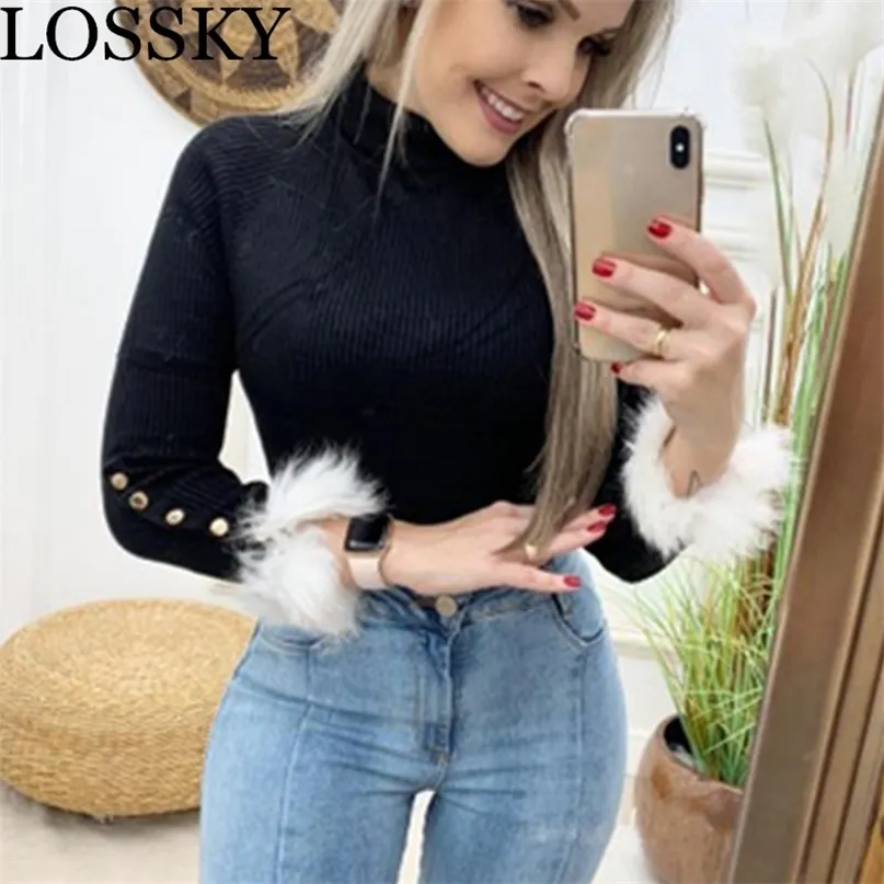 Women Sexy Bodycon Kintted Autumn Winter Blouse Shirt Casual Turtleneck Long Sleeve Button Black Skinny Shirts Top Fall Clothing 210507