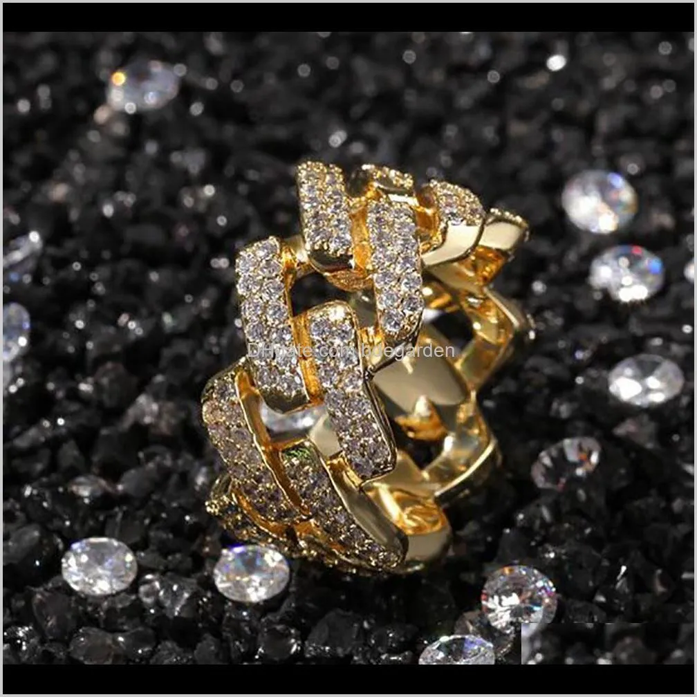 mens 2 row cz bling cuaban link rings gold iced out cuban ring micro pave cubic zirconia simulated diamonds trend hiphop ring