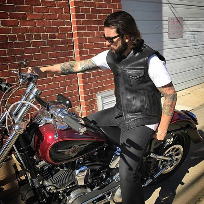 Thunder Road Men Biker Jackets Vest Solid Color Leather Jacket Punk Motorcycle Jacket Embroidery Jacket Short Coats 211009