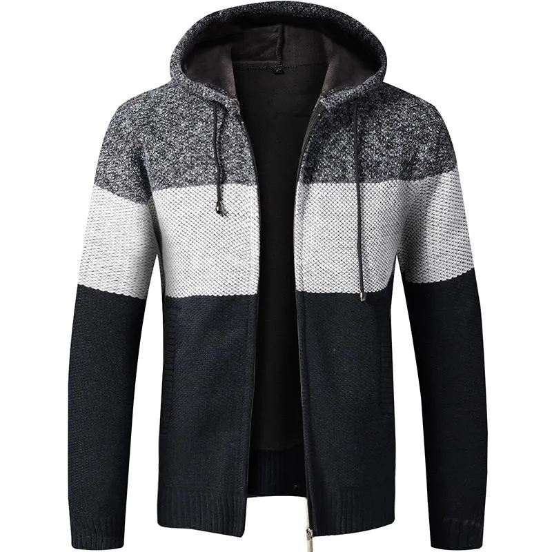 Mäns Tröjor Sweater Coat Men 2021 Vinter Tjock Varm Hooded Cardigan Jumpers Striped Wool Liner Zipper Fleece Coats