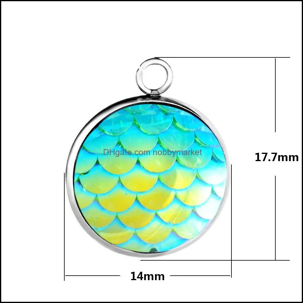 Bulk Stainless Steel 14MM Round Mermaid Scale Pendant Charm For Fashion Necklace bracelet Earrings Jewelry Making