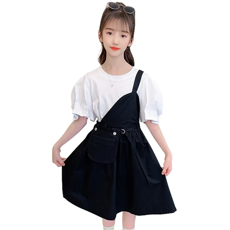 Teen Mädchen Sommerkleidung T-Shirt + Taschen Kleid Kostüm für einfarbige Kleidung Casual Style Trainingsanzug Kinder 210527