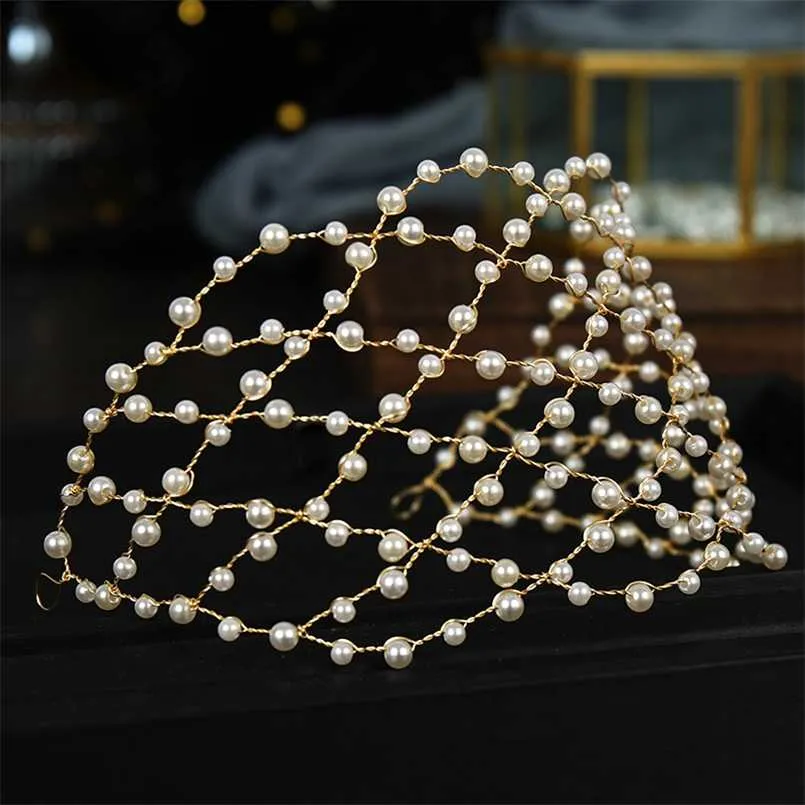 Vintage Baroque Gold Pearls Tiaras Headbands Handmade Bridal Wedding Hair Accessories bands Vines Women Jewelry 211019