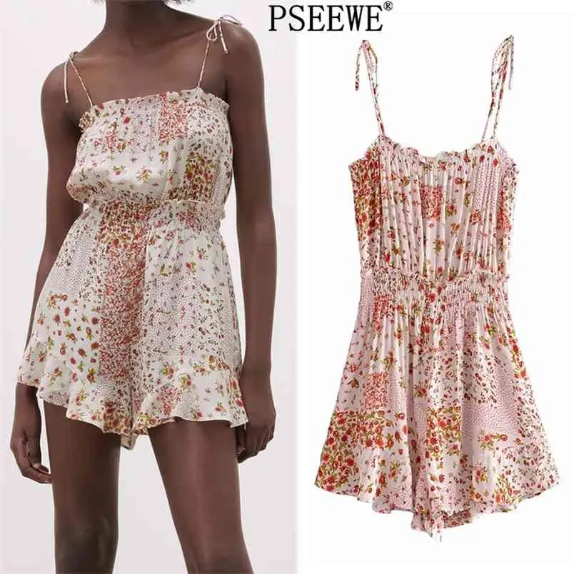 Verão Feminino Jumpsuit Patchwork Floral Print Woman Playsuit Playsuit Playsuit sem mangas Praia Casual 210519