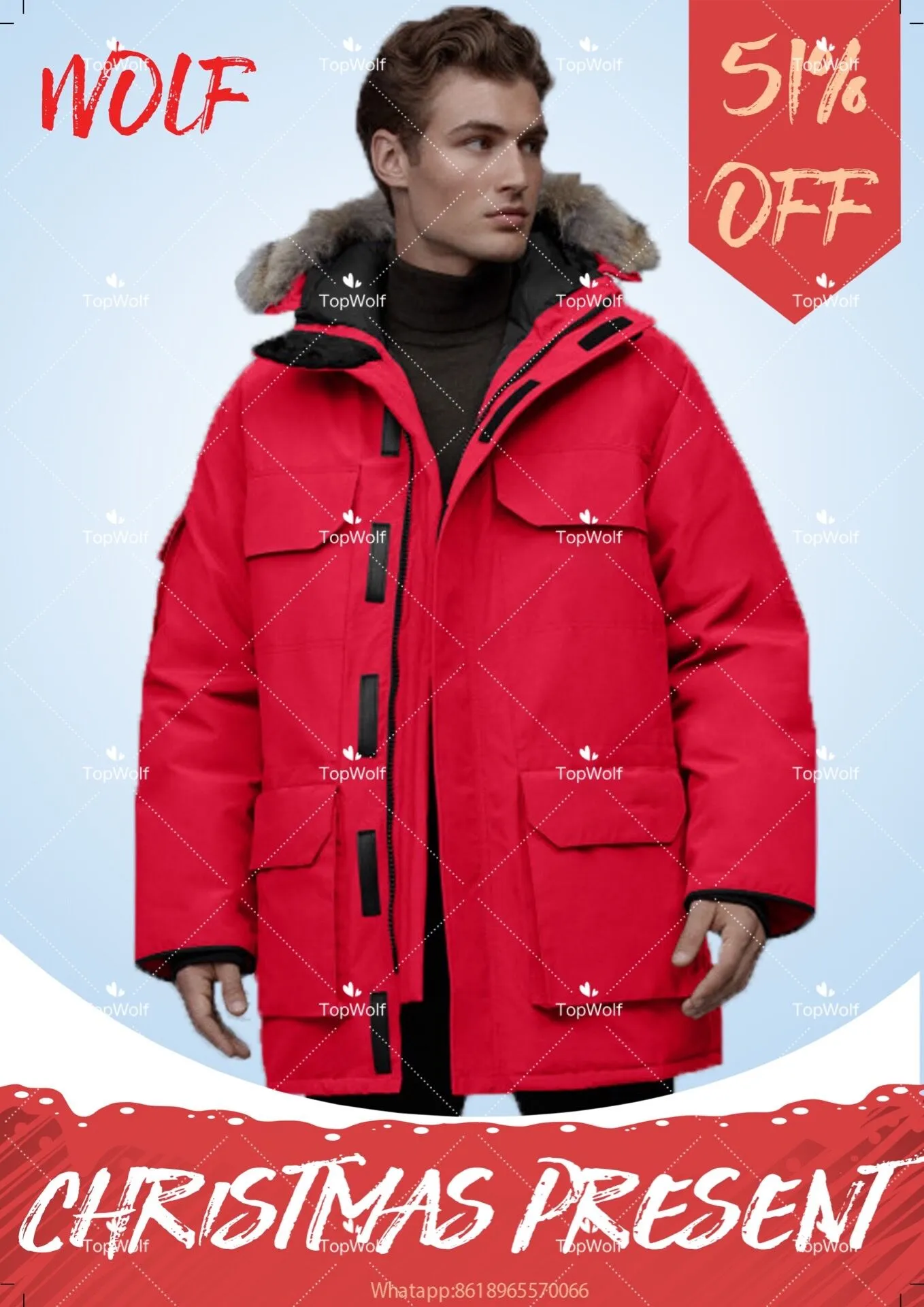 Topwolf Men Winter Wolf Fu Travel Parka Down Jacket Long Puffer Coats Warm Overcoat