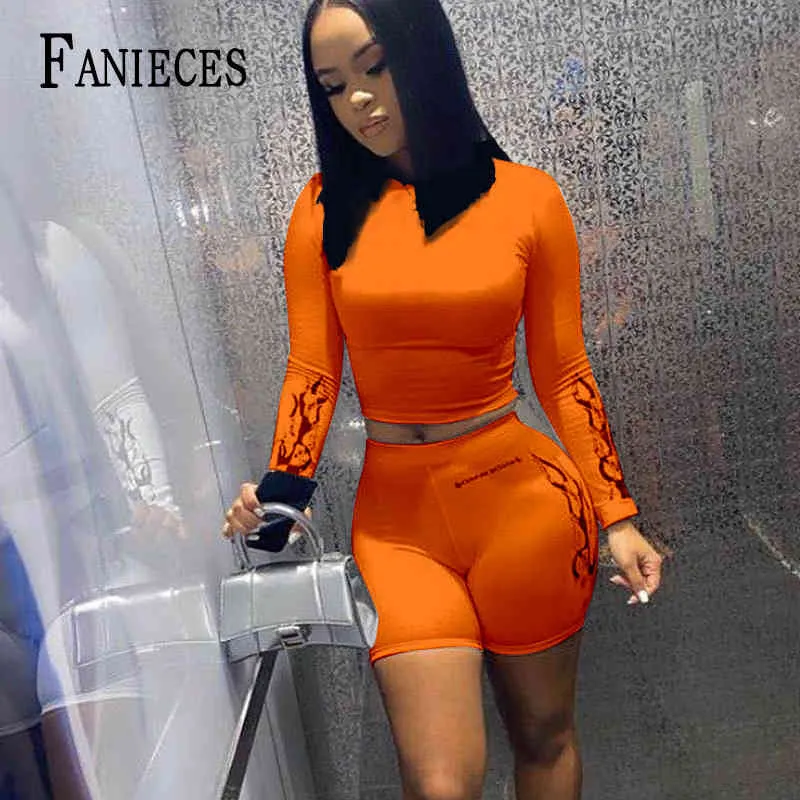 Neon Color Women Two Piece Set Casual Tracksuits Spring Summer Long Sleeve Crop Top And Biker Shorts Sets Sporty Active Wear 210520