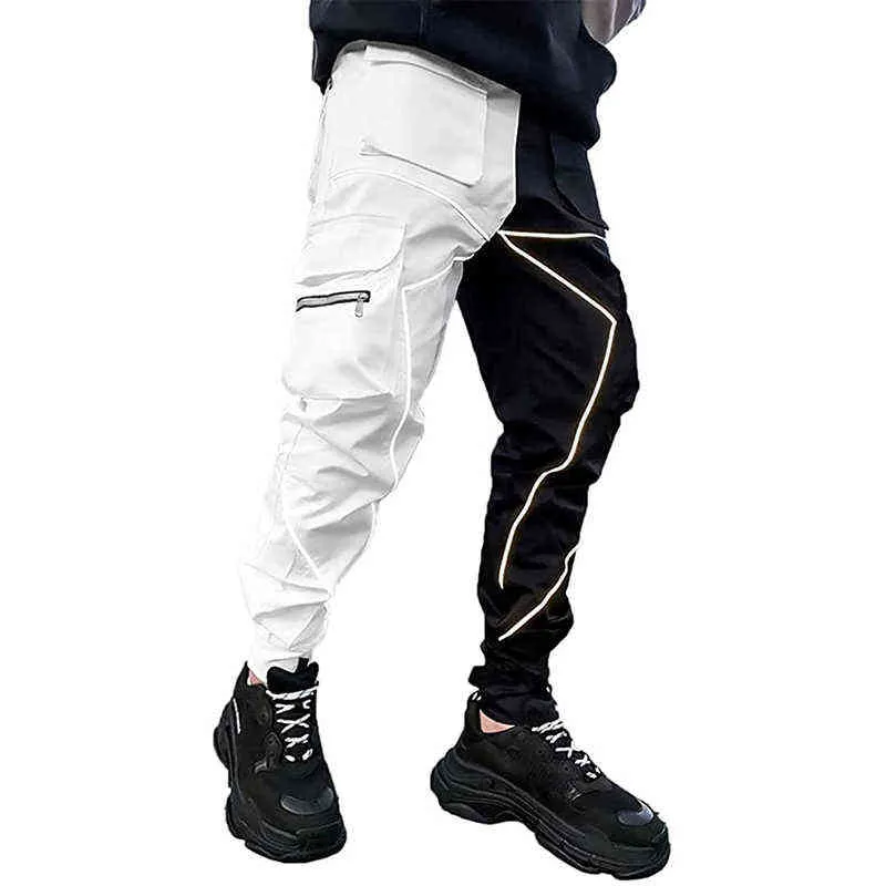 2022 Nya Mens Reflekterande lastbyxor Hip Hop Techwear Harem Pant Jogger Sweatpants med fickor Jogging Punk Techwear Trousers G220224