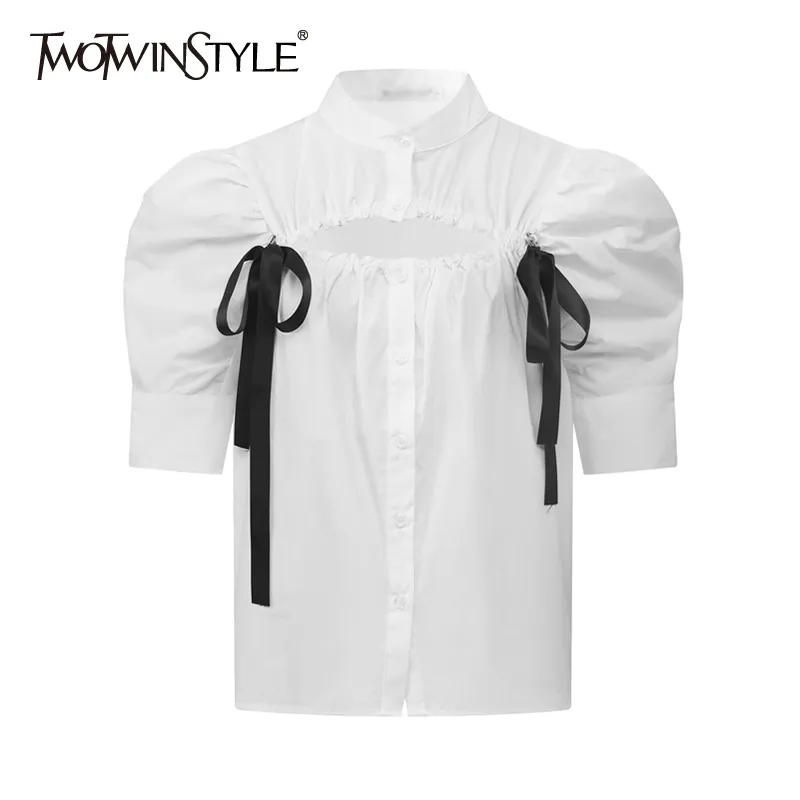 Hollow Out Short Bluzka Dla Kobiet Stojak Kołnierz Puff Sleeve Casual White Shirt Kobiet Moda Odzież Lato 210524