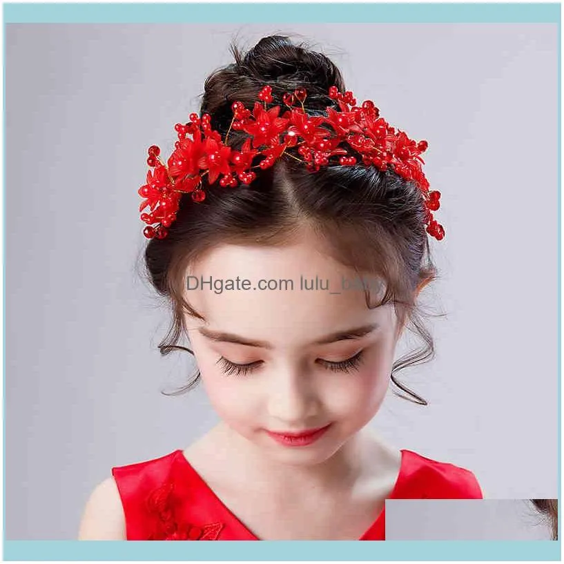 Baroque Vintage Gold Red Headbands For Kids Children Crystal Pearl Tiaras Hairbands With Earrings Women Bridemaid Hair Jewelry