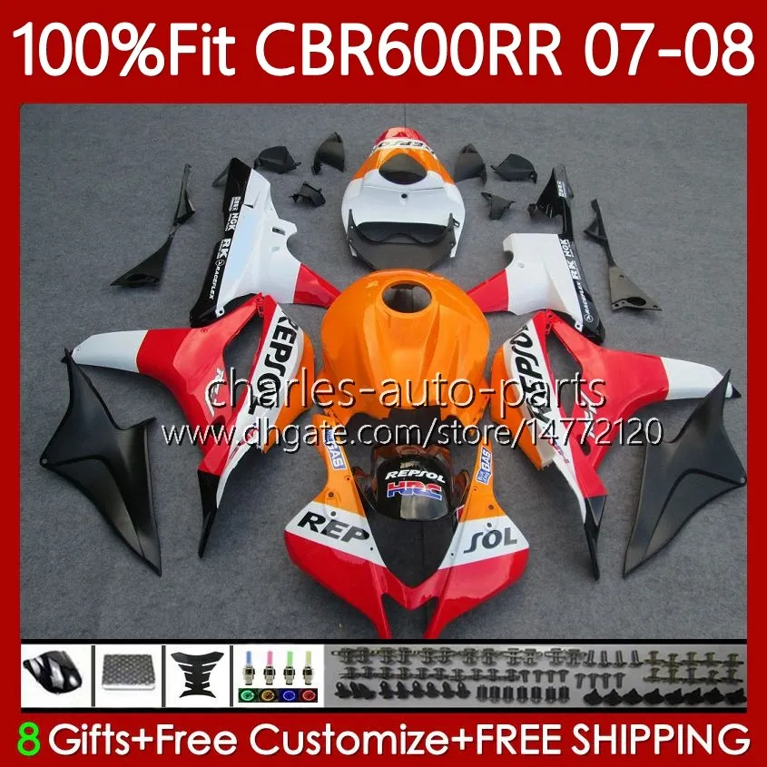 Wtrysk Mold Bodys dla Honda CBR 600F5 600 RR CC F5 07-08 Bodywork 70NO.0 CBR-600 CBR600 RR CBR600RR 07 08 CBR600F5 CBR 600RR 600CC 2007 2008 OEM OEM REPSOL Orange