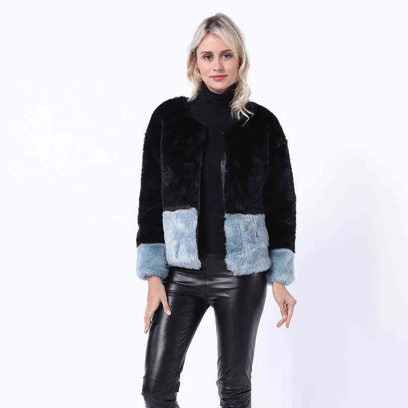 Högkvalitativ vinterfaux kaninpäls Kvinnor Mode Patchwork Faux Fur Overcoat Kvinna Kort Jacka Outwear 211213