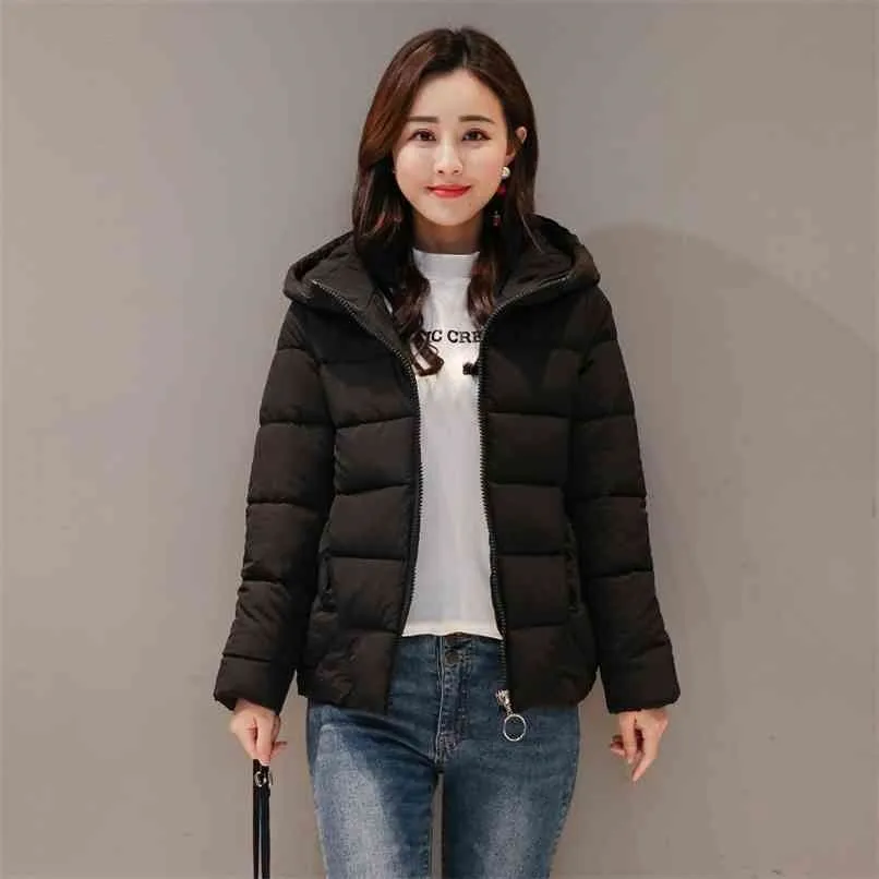 Winter Hooded Korte jas Dames Plus Size Solid Dames Parkas Stand Kraag Losse Katoen Gewatteerde Casual Dikke Jas Dames 210916