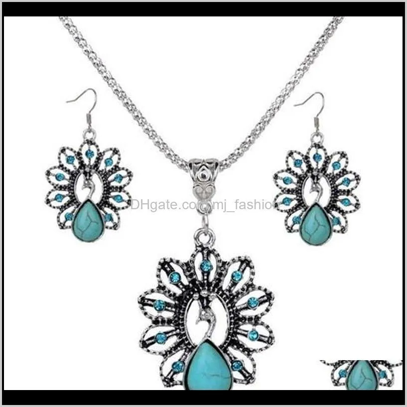 jewelry sets necklace earrings fashion women vintage ethnic imitation turquoise rhinestone 2-piece set party jewelry wholesale