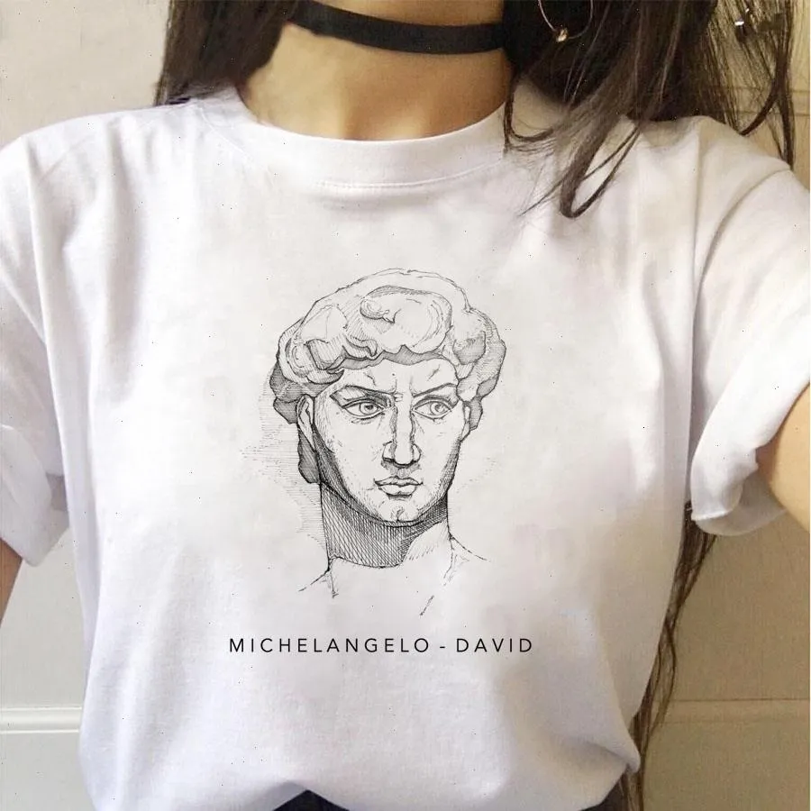 Harajuku rolig svart kvinna T-shirt och vit teckning David Print Kortärmad Mode Kvinnor Söt O-Hals Casual Kvinna Toppar Te