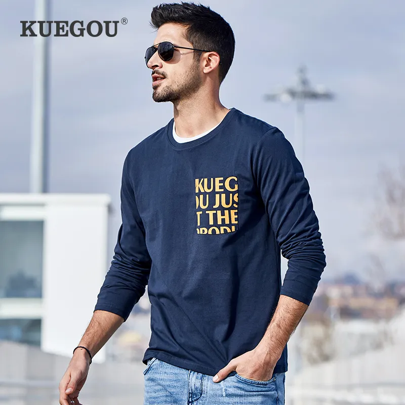 KUEGOU 100% coton hommes à manches longues T-shirt automne mâle mode bleu noir t-shirt printemps haut serré plus taille ZT-7764 210524