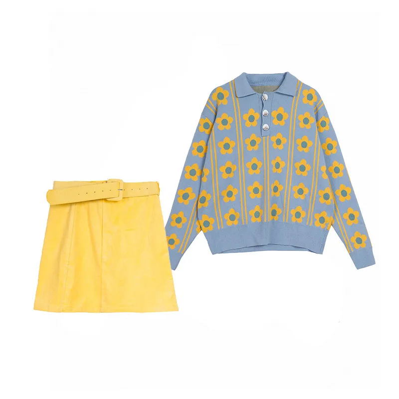 Femmes Jaune Corduroy Jupe Sash Turn Down Col Pull Pull Pull Floral Bleu Deux Pièces Ensemble T0410 210514