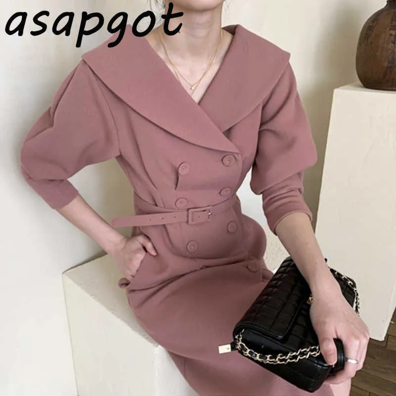 Chic Koreanisches Minimalistisches Temperament Puffärmel Mittellanges Großes Revers Zweireiher Kleid Frauen Schnürung Taille Elegantes Vestido 210610