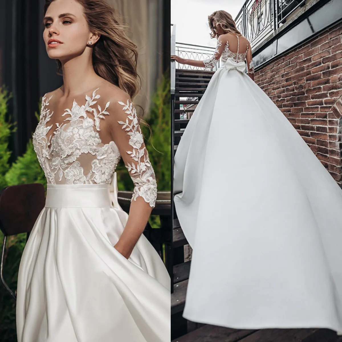 2022 Satin A Line Wedding Dress Boho Short Sleeves Bow Pocket Bridal Dresses Lace Appliques Wedding Gowns Custom Made Vestidos De Novia Illusion Back