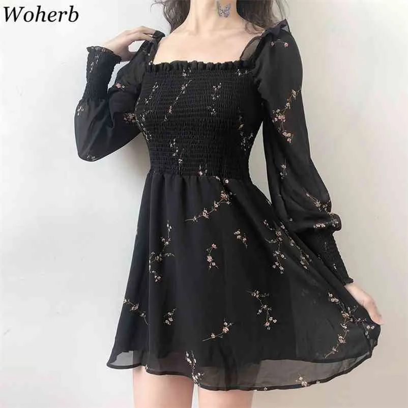 Woherb verão mulheres vestido preto vintage flor longa manga chiffon vestidos coreanos casuais mini vestidos mujer 21593 210409