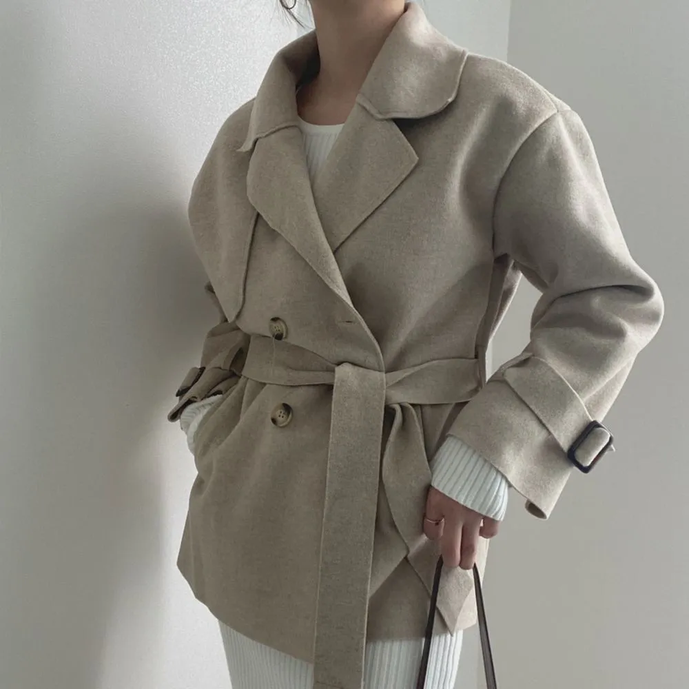 Korean Streetwear Woolen Women Chic Minimalist Loose Stylish Sashes All Match Solid Warm Coats Jackets 210421