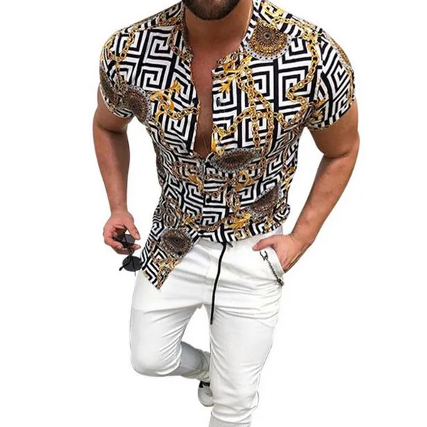 Mode Herren Vintage Kette Print Strand Hawaiian Shirt Tropical Sommer Kurzarm Stehkragen Einreiher Männer Kleidung