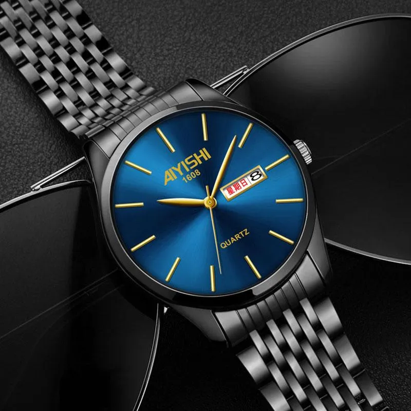 Orologi da polso freddo nero opaco blu orologio in acciaio da uomo data automatica settimana orologio da polso da uomo d'affari funzionale 2021 orologi Top245y