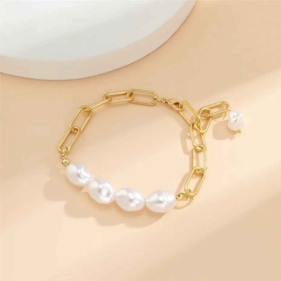 Punk 2022 Gold Color Baroque Pearl Chain Bracelets For Women Irregular Beaded Couple Pendants Bangles Hand Jewelry Gift