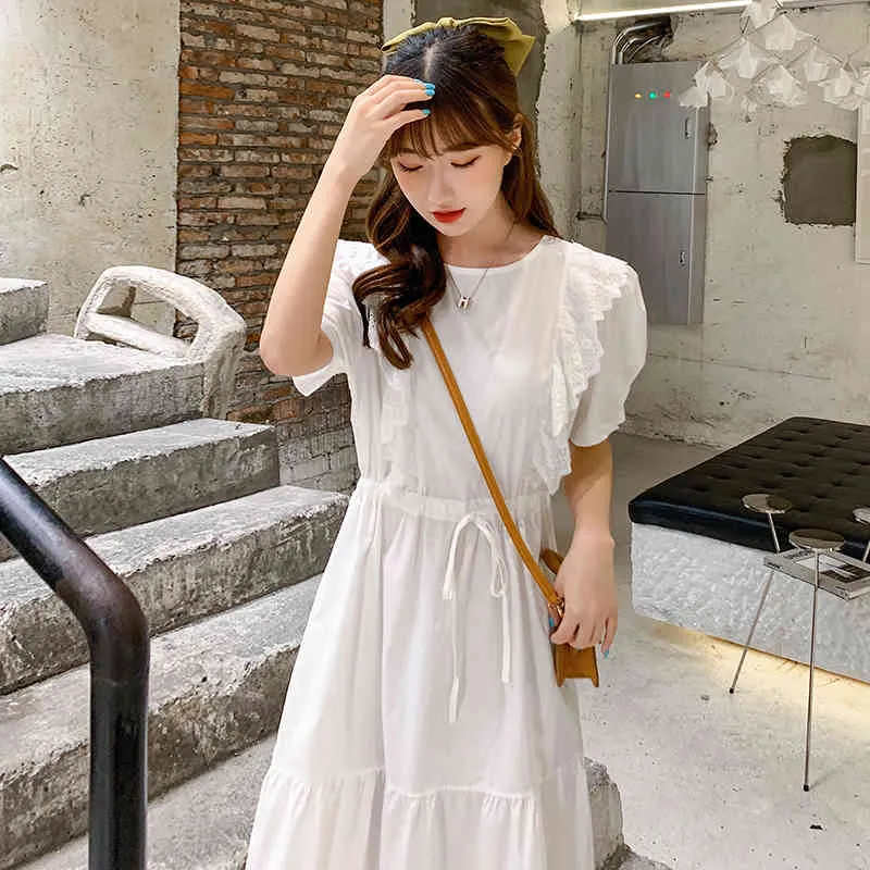 Vintage Chiffon A-line midi dress with sleeves with Lace-Up Detail for Women - Loose Fit, Short Sleeves, Perfect for Casual Summer Wear (210423)