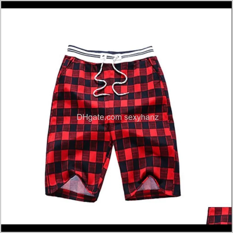 summer new men`s casual cotton and linen five pants slim linen beach plaid print pant 2020