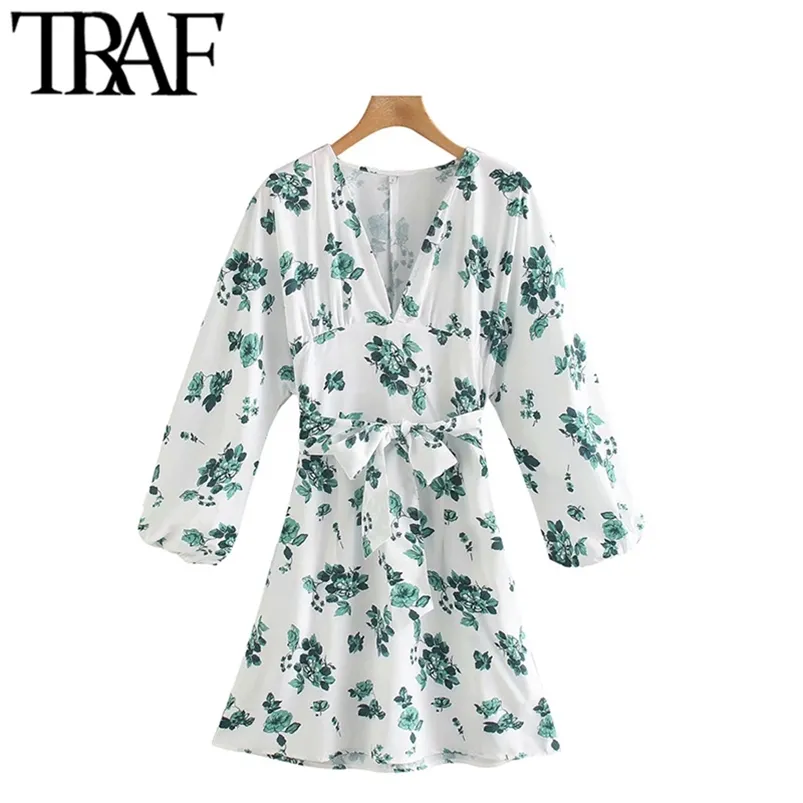 Women Chic Fashion Floral Print Bow Tie Sashes Mini Dress Vintage Long Sleeve Side Zipper Female Dresses Mujer 210507