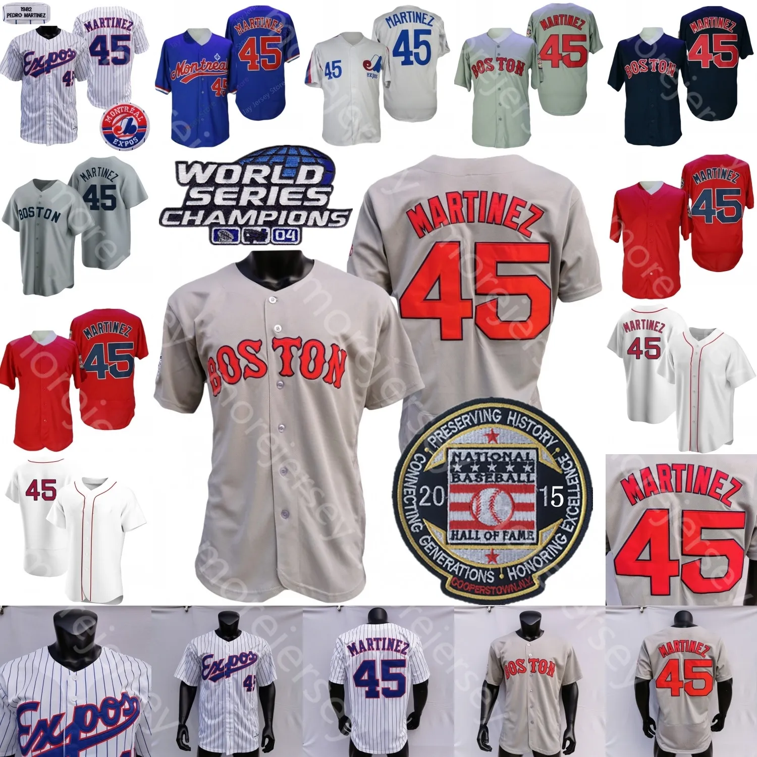 45 Pedro Martinez Jersey Expos 1982 Branco Pinstripe 2004 WS 2015 Hall Of Fame Patch Azul Malha Azul Marinho Jogador Vermelho Cinza Virado para Trás Tamanho Vintage S-3XL